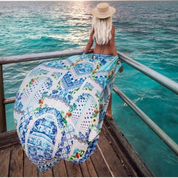 White Blue Boho Kimono Cover up Swim Floral - Picture 4 of 6